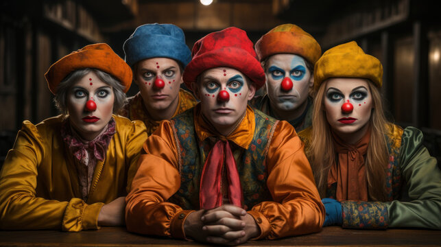 Portrait of a group of serious clowns sitting together.