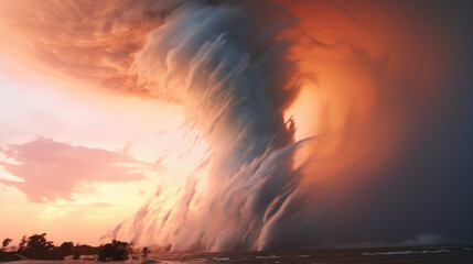 A fastmoving, powerful waterspout swirling in violent circles against a sunset sky.