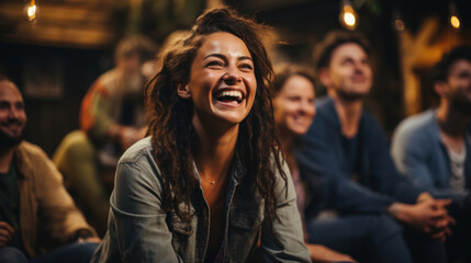 Multiracial male and female stage performers laughing actor in class. - obrazy, fototapety, plakaty