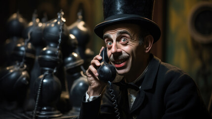 Portrait of a mime theater actor man in a top hat talking on vintage phone.