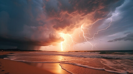 A closeup of a blinding lightning strike against a picturesque sunsoaked beach sky