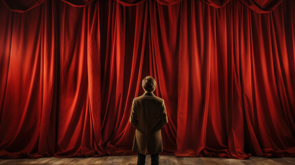 Actor standing in front of a red stage theater curtain and looking at it.