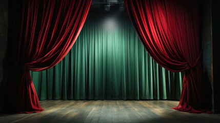 Fototapeta premium Stage with red and green curtain and spotlights.