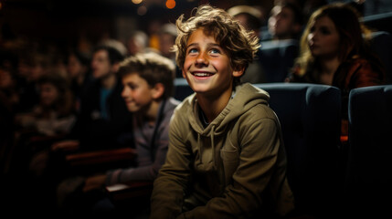 Portrait of a smiling boy looking at screen while sitting in cinema.