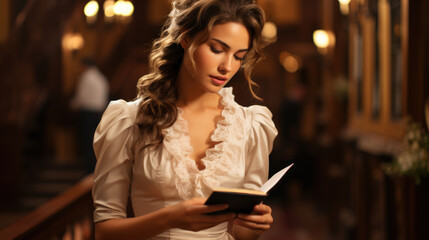 Beautiful young actress woman in a white blouse reading list, rehearsing on stage in movie.