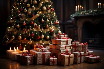 Obraz na płótnie Canvas Festive Christmas Tree Surrounded By Presents, Generative AI