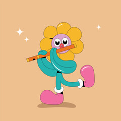 Groove flower. Funny hippie flower character from 90s. retro cartoon style, isolated background, Editable stroke