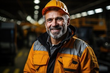 Portrait of a Senior construction engineer, adult Caucasian man in an orange helmet smiles looking at the camera - obrazy, fototapety, plakaty