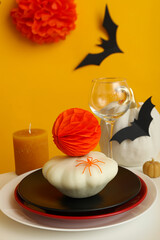 Mexican style Halloween table setting with guitar and hat