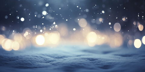 Winter and christmas background with snow and bokeh defocused lights