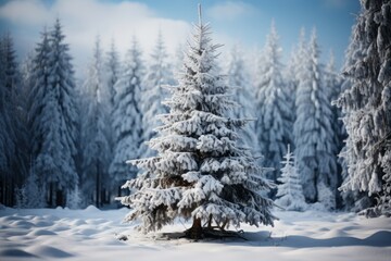 Fototapeta na wymiar Snowy Outdoor Scene With A Majestic Christmas Tree, Generative AI