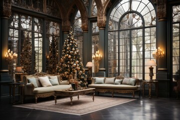 Fototapeta na wymiar Stunning Christmas Tree In An Elegant Living Room, Generative AI 