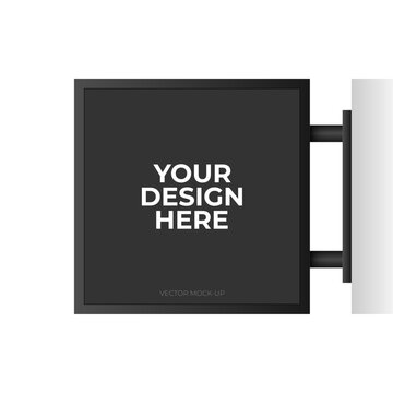 Signboard Black Square Signage Vector Mockup. Template Mounted On The Wall