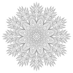 Adult Anti-Stress Mandala Coloring Page, Complex Black and White Mandala Design on White Background, Vector Illustration