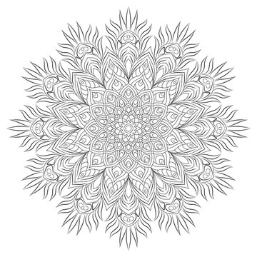 Adult Anti-Stress Mandala Coloring Page, Complex Black and White Mandala Design on White Background, Vector Illustration