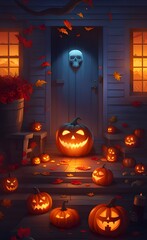 Spooky halloween background with pumpkins.