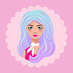 Pretty cartoon girl with blue hair. Vector illustration.