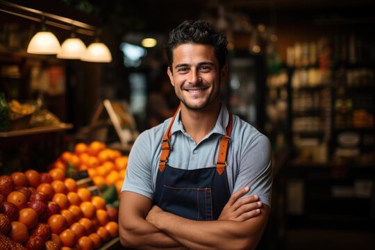 Portrait of a shop assistant. Smiling young adult man stands in a grocery
