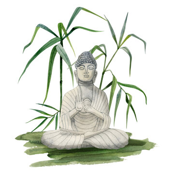 Meditating Buddha sitting on grass in green bamboo hand drawn watercolor illustration isolated on white background. Meditation clipart for yoga and buddhism designs