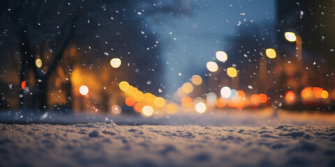 Fototapeta premium Snowfall in the city at night. Blurred background with snowflakes.