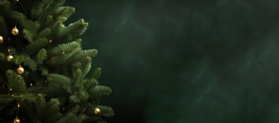 Christmas banner. Pine tree decorated with balls on green background.