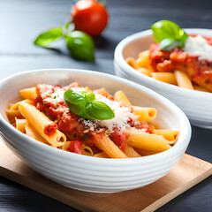 Penne pasta with a rich, flavorful tomato sauce, topped with grated cheese and fresh basil.