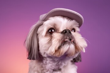 Medium shot portrait photography of a happy shih tzu tracking scent wearing a cool cap against a pastel purple background. With generative AI technology