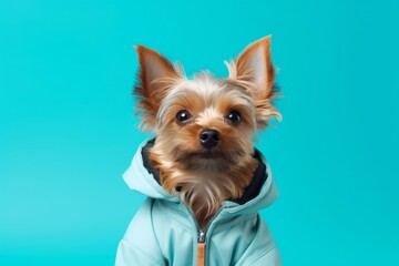 Photography in the style of pensive portraiture of a smiling yorkshire terrier listening wearing a therapeutic coat against a pastel teal background. With generative AI technology