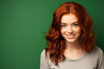 Fototapeta premium Beautiful red-haired teenage girl smiling, against a green background