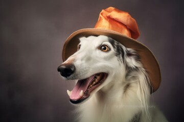 Close-up portrait photography of a smiling borzoi napping wearing a halloween costume against a pastel gray background. With generative AI technology