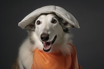 Fototapeta premium Close-up portrait photography of a smiling borzoi napping wearing a halloween costume against a pastel gray background. With generative AI technology