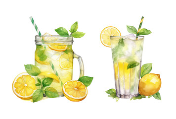 Watercolor hand painted lemonade cocktail glass with citrus fruit simple sketch illustration set isolated on white background. Hand drawn clip art for menu and ads - obrazy, fototapety, plakaty