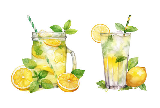 Watercolor hand painted lemonade cocktail glass with citrus fruit simple sketch illustration set isolated on white background. Hand drawn clip art for menu and ads