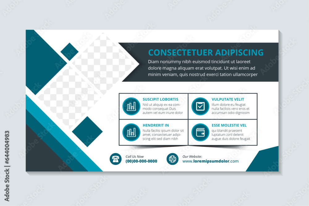 Poster abstract horizontal banner design template with square space for photo collage. four option infograp