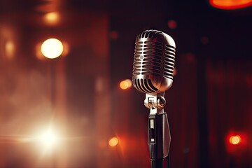Vintage microphone. Echoes of past. Classic Mic. Sound takes center stage. Retro karaoke. Singing under spotlight. Musical performance
