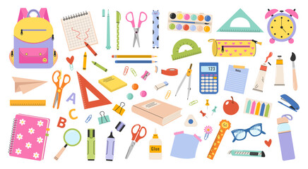 Back to school. Vector set of school supplies. Cute office supplies hand drawn illustration.