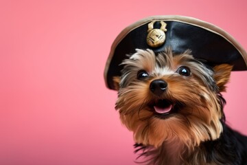 Studio portrait photography of a curious yorkshire terrier hiding wearing a pirate hat against a...