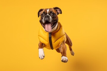 Obraz premium Environmental portrait photography of a smiling boxer dog leaping wearing a puffer jacket against a soft yellow background. With generative AI technology
