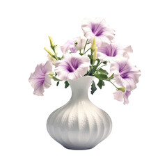 Isolated ceramic white vase with bouquet of petunias on cutout PNG transparent background. 