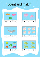 game development count and match ocean fish jellyfish turtle shark Vector EPS10