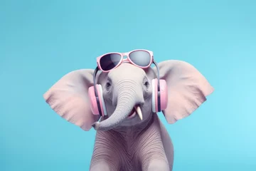 Zelfklevend Fotobehang Cheerful pink elephant wearing pink glasses with headphones on a blue background. © Владимир Солдатов