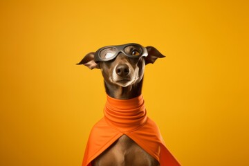 Conceptual portrait photography of a funny italian greyhound dog licking face wearing a superhero costume against a soft orange background. With generative AI technology