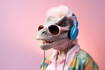 Old lady dinosaur wearing pink glasses and blue headphones on pink background.