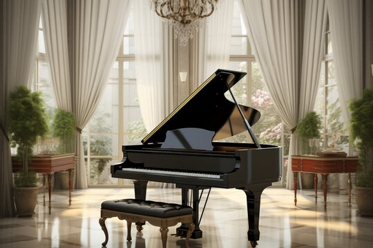 3D-rendered room exudes timeless charm, complete with grand piano and chandelier.