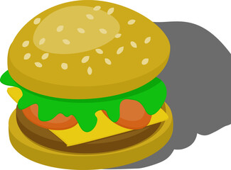 Fast food burger on a white background. Light snack with tomato, cheese, cutlet and salad on a white background. Vector graphics. Illustration on a white background