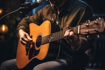 A guitarist with a capo strums an acoustic guitar, performing in front of a microphone. - obrazy, fototapety, plakaty