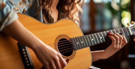 A side view captures a female musician skillfully strumming an acoustic guitar. - obrazy, fototapety, plakaty