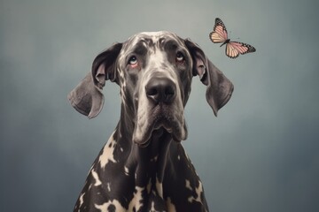 Headshot portrait photography of a funny great dane guarding wearing a butterfly wings against a soft gray background. With generative AI technology - obrazy, fototapety, plakaty