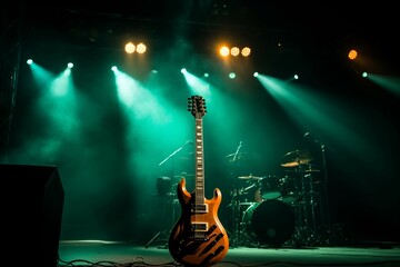 A stage aglow with lighting, electric guitars poised during pre-show sound checks.