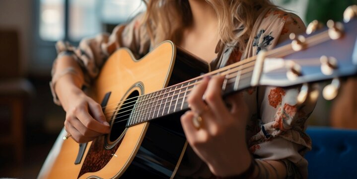 A side view captures a female musician skillfully strumming an acoustic guitar.